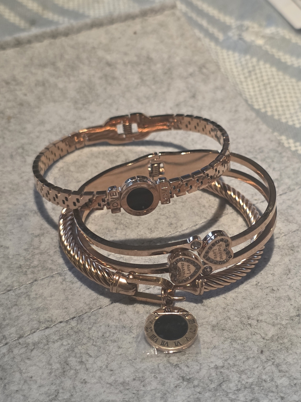 Rose Gold Multi-Stack Bracelet Set with Black Enamel Accents